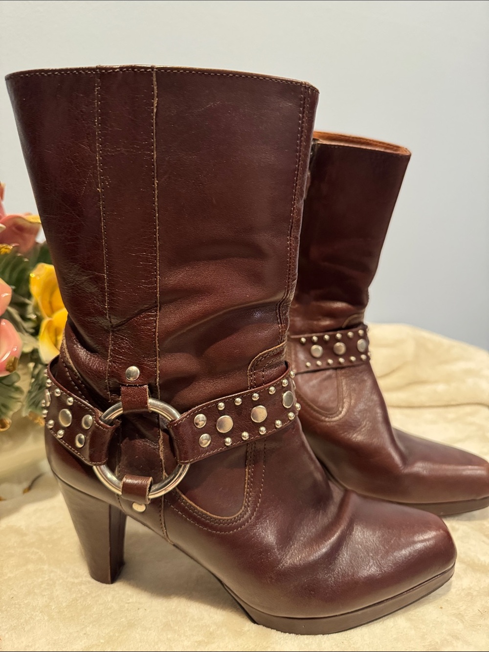 Vtg Grigiarancio Italy Brown Leather Harness Moto Biker Heeled Boots Sz 9